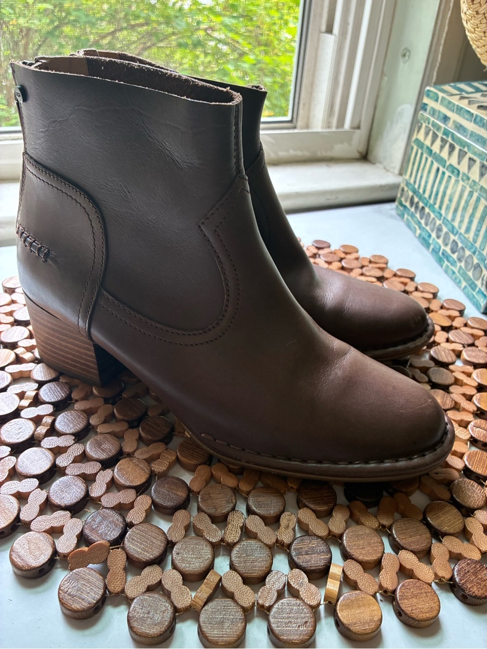 UGG Brown Leather Ankle Boots - Classic Block Heel